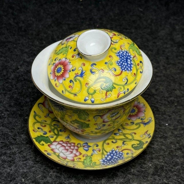 Vintage Chinese Yellow Ground Famille Rose Gaiwan Tea Set With Dragon Motif For Sale - Image 4 of 9