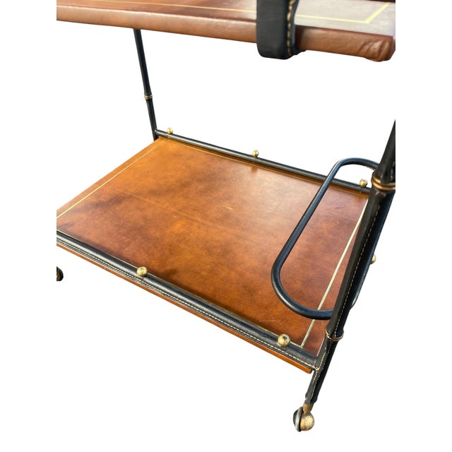 Vintage Stitched Leather Bar Cart by Jacques Adnet, 1950s For Sale - Image 9 of 13