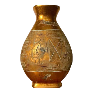 Vintage Egyptian Amphora Etched Hieroglyphics Hi-Sheen Golden Glazed Porcelain Vase Reproduction