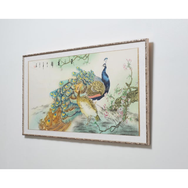 Chinese 20th C. Chinese Export Pair of Peacocks and Flowers Painting For Sale - Image 3 of 18