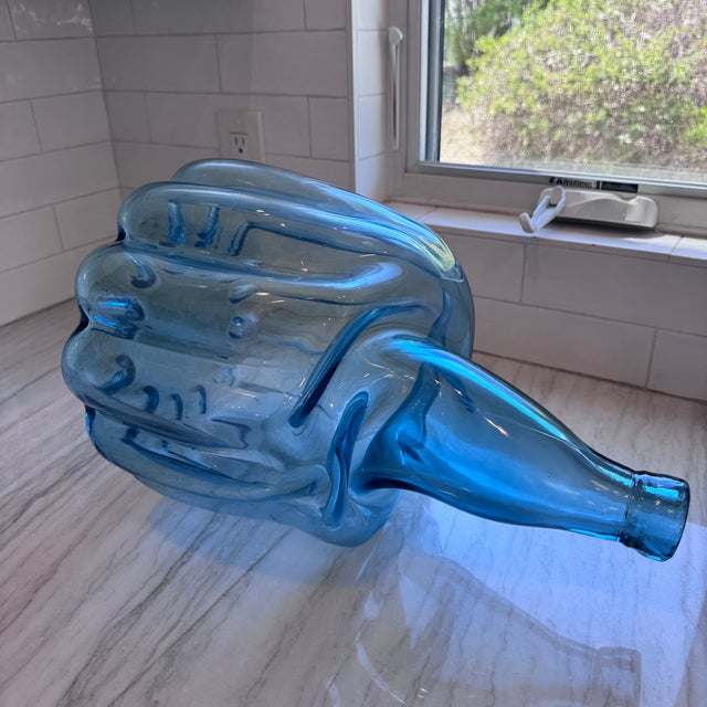 Vintage Sculptural Aqua Blue Glass Demijohn Bottle Large MCM Style Art Glass Vase For Sale - Image 15 of 16