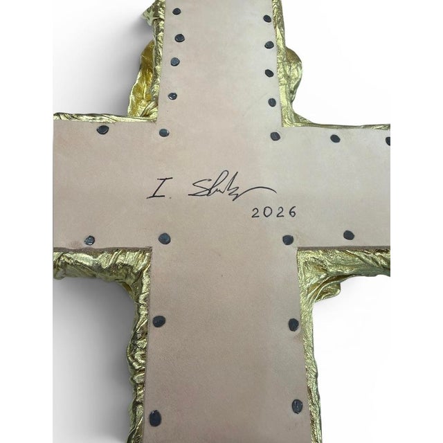 One-of-a-Kind Sculptural Wall Cross in Gilded Metallic Leather For Sale - Image 4 of 5