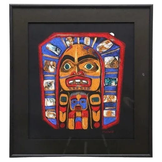 Wood Vintage Sun Mask Pastel by Native Northwest Coast Artist V Leland, Framed For Sale - Image 7 of 7