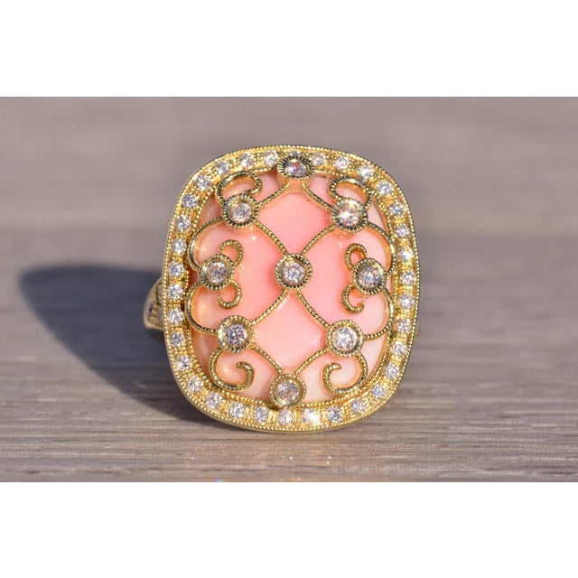 The 154th Avenue: Pink Coral and Natural Diamond Cocktail Ring in Yellow Gold For Sale - Image 9 of 11