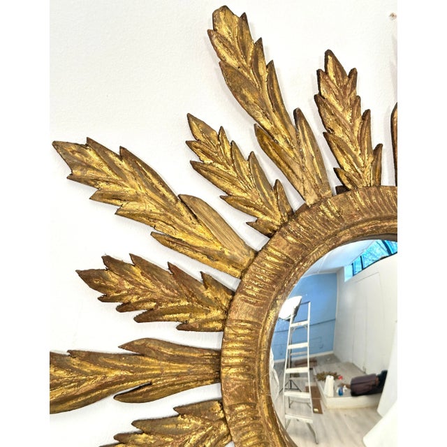 Wood French Gilt Sunburst or Starburst Convex Mirror (Diameter 28 1/8) For Sale - Image 7 of 10