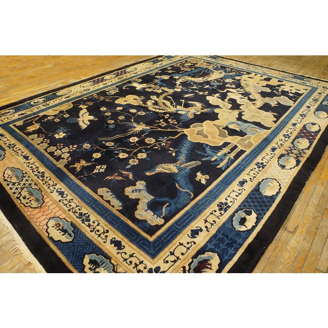 Fascinate Navy Background With Original Sprays Flowers and Animals Antique Chinese Peking Rug For Sale - Image 4 of 12