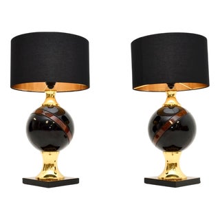 Vintage Italian Walnut and Brass Table Lamps, 1970, Set of 2 For Sale