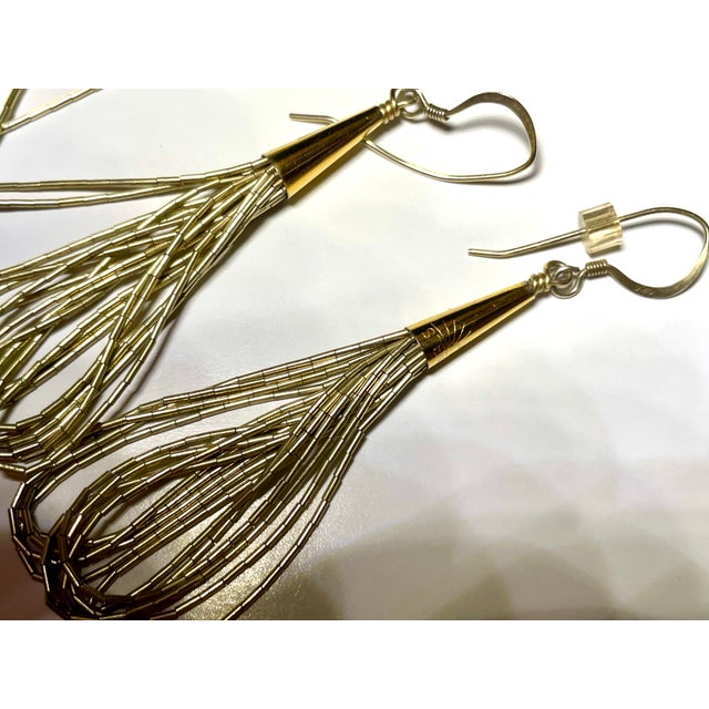 Navajo Indian Art Mid 20th Century Navajo Jewelry Set 30” Gold Tone Liquid Silver Necklace and Earrings, 3 Pieces For Sale - Image 4 of 9