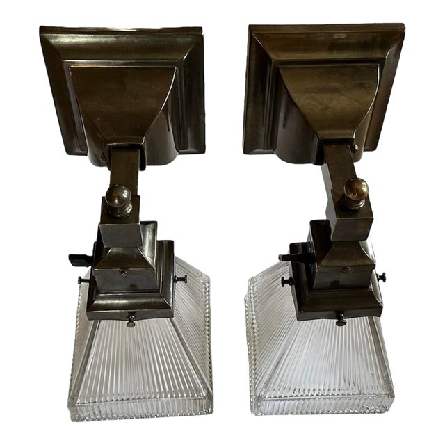 Pair of Mission/Craftsman Brass and Holophane Glass Sconces, Circa 1910 For Sale