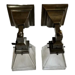Pair of Mission/Craftsman Brass and Holophane Glass Sconces, Circa 1910