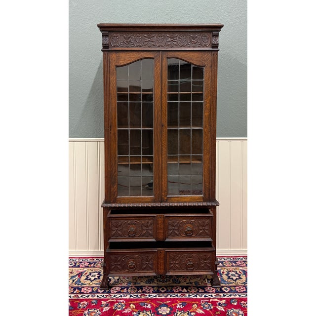 Antique English Jacobean Bookcase Cabinet Double Door Glass Drawers Oak c.1930s For Sale - Image 17 of 18