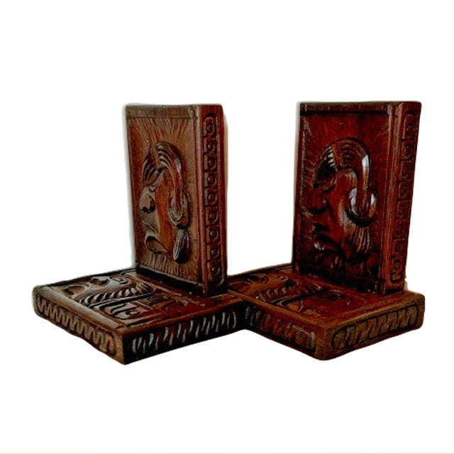 Vintage Hand Carved Wooden Mayan Aztec Style Bookends - a Pair | Chairish