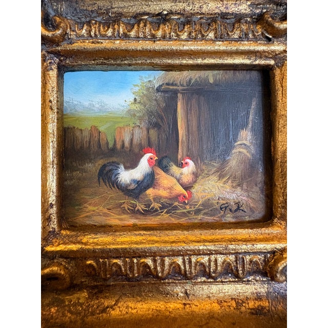 Late 20th Century Vintage Miniature Rooster & Hens Oil Painting in Ornate Gilt-Style Frame For Sale - Image 5 of 12