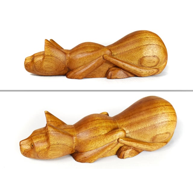 Mid 20th Century Vintage Wooden Hand Carved Cat Figurine - a Pair For Sale - Image 5 of 10