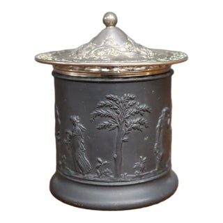 Wedgwood Black Basalt Covered Jar With Silver-Plated Lid For Sale