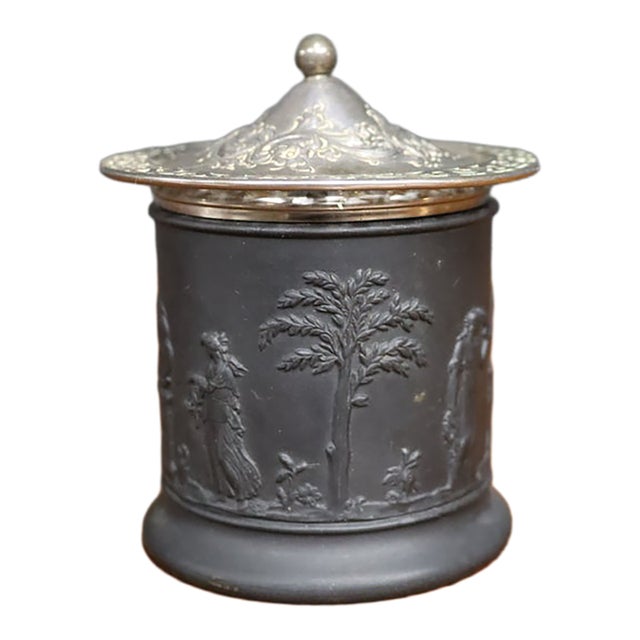 Wedgwood Black Basalt Covered Jar With Silver-Plated Lid For Sale