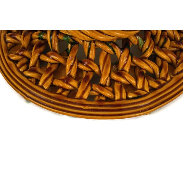 Mid Century Majolica Basket Weave Fruit Bowl With Ivy Leaves by