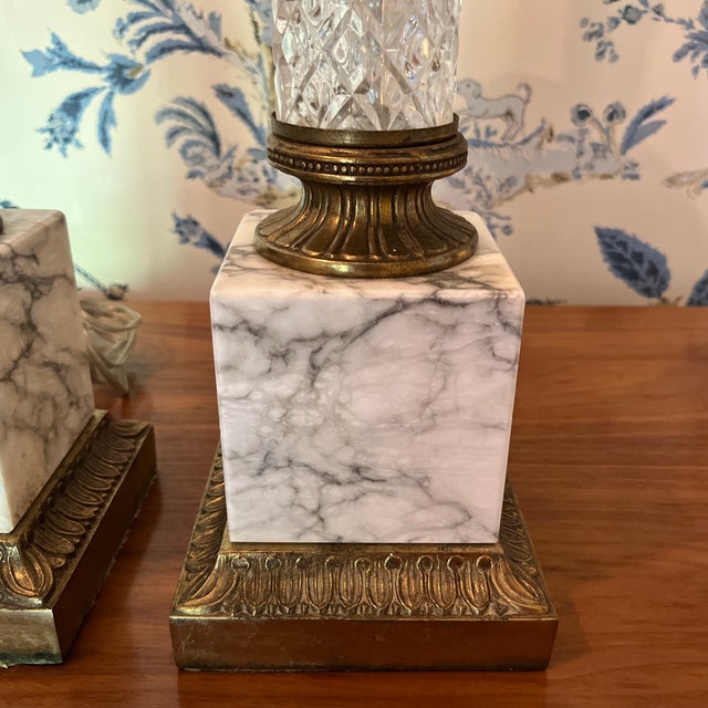Hollywood Regency Vintage Neoclassical, Cut Crystal and Marble Column Lamps a Pair For Sale - Image 3 of 11