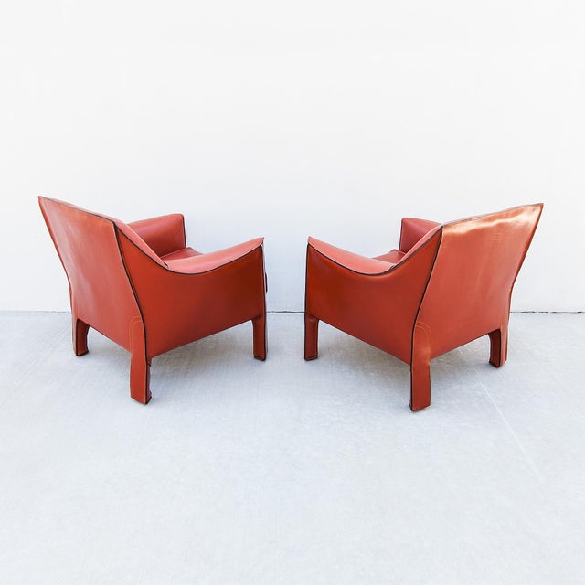 Vintage Cassina Model 415 Cab Lounge Chairs in Terracotta Leather by Mario Bellini For Sale - Image 10 of 15