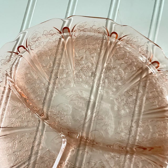 Jeannette Glass 1930 Jeannette Pink Cherry Blossom Divided Grill Plate For Sale - Image 4 of 6