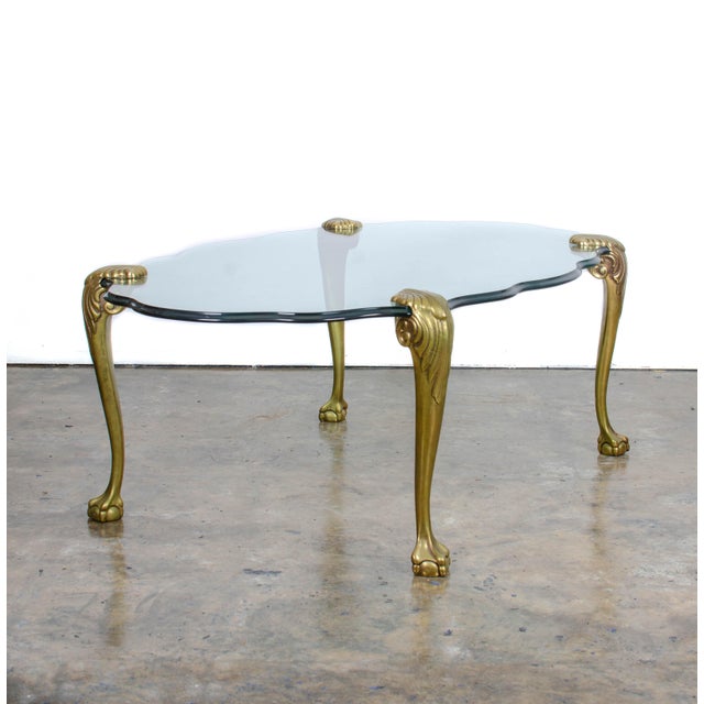 20th Century Italian Gilt Brass Ball and Claw Foot Glass Coffee Table
