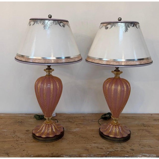 An exceptionally rare and sublimely feminine pair of vintage Murano art glass table lamps, attributed to Barovier & Toso,...