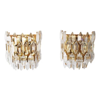 Hollywood Regency Lead Crystal and Gold Wall Lights, Palwa, 1970s, Set of 2 For Sale