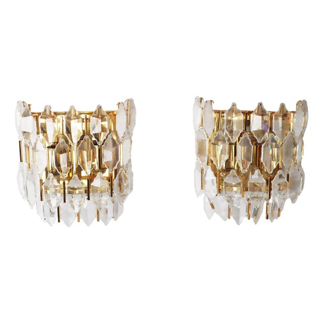 Hollywood Regency Lead Crystal and Gold Wall Lights, Palwa, 1970s, Set of 2 For Sale