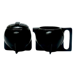 1980s Bauhaus Revival Spherical Black Ceramic Creamer & Sugar Bowl Set Attributed to Cowan Pottery For Sale