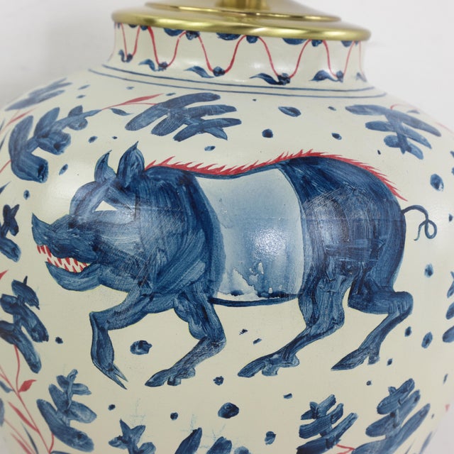 Vintage Brunschwig & Fils Cadiz Table Lamps - Blue and Cream Ceramic With Boar and Deer Motif For Sale - Image 10 of 14