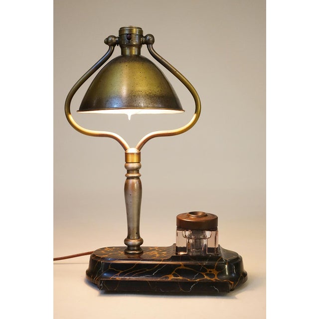 Bradley Hubbard 1910s Rare Arts Crafts Bradley Hubbard Brass Tilt Shade Pen Inkwell Cast Iron Student Table Lamp For Sale - Image 4 of 13