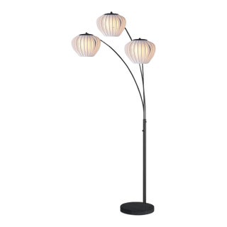 Bloom 3-Light Arc Floor Lamp - Black Nickel, Black Marble Base, White Satin Shade, Dimmer For Sale