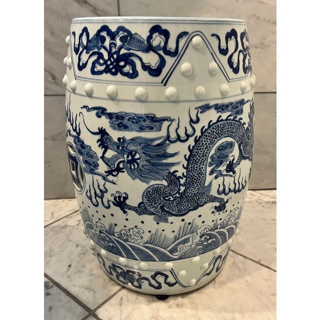 Mid 20th Century Blue & White Chinese Dragon Garden Stool Side Tables - A Pair For Sale - Image 10 of 15