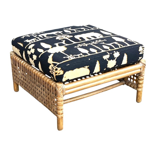 Mid-Century Modern 1980s McGuire Thebes Rattan‑Weave Ottoman, Natural Satin Finish, 5" Needlepoint Cushion For Sale - Image 3 of 13