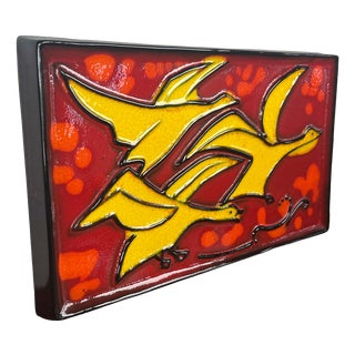 Mid-Century Modern West German Pottery WGP Wall Plate with Red and Yellow Bird Decor, 1970s, 1960s For Sale