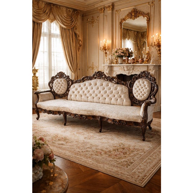 93” Antique Rococo Revival carved walnut sofa with dramatic scrollwork and oval tufted medallions. Structurally very good;...