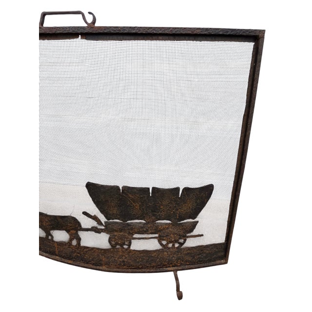 Antique Rustic Wrought Iron Fireplace Screen Silhouette Covered Wagon Ox Western For Sale In Philadelphia - Image 6 of 18