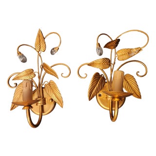 Empire Hollywood Regency Style Hand-Forged Gold Leaf-Gilded Wall Lamps with Crystal Elements and Floral and Leaf Decorations, 1960s For Sale