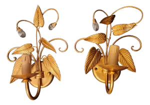 Empire Hollywood Regency Style Hand-Forged Gold Leaf-Gilded Wall Lamps with Crystal Elements and Floral and Leaf Decorations, 1960s
