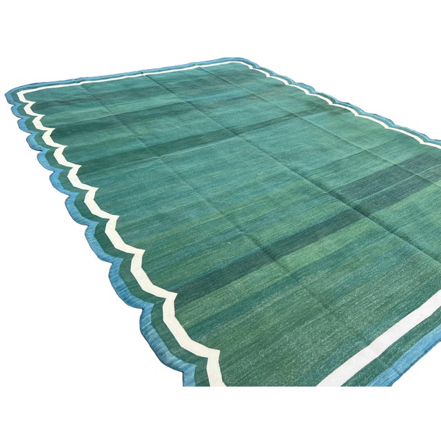 Textile Handmade Cotton Area Vegetable Dyed Rug, Forest Green, Cream and Teal Blue Scalloped Dhurrie - 5'x7' For Sale - Image 7 of 10