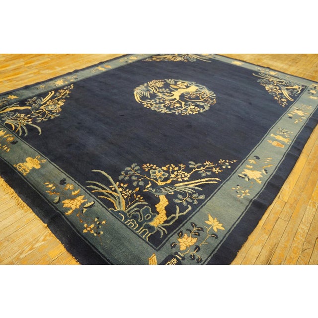 Radiant Navy Blue Color With Beautiful Florid Design Antique Chinese Peking Rug For Sale - Image 4 of 12