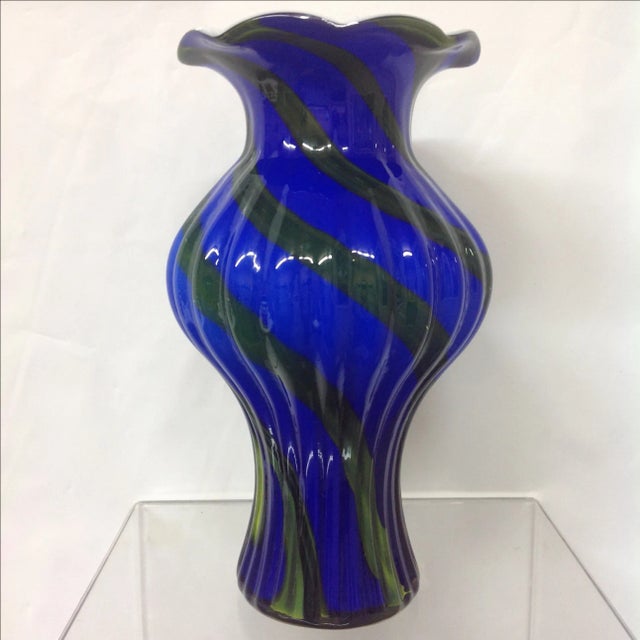 Mid-Century Modern Mid 20th Century Royal Blue & Malachite Swirl Glass Vase For Sale - Image 3 of 4