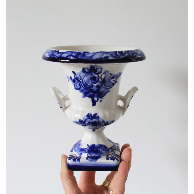 Vintage Portuguese Blue and White Ceramic Urn-Shaped Vase For Sale - Image 9 of 9