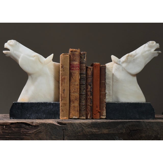 Antique Italian Art Deco Alabaster Horse Head Bookends Circa 1930s Pair of hand-carved alabaster horse head bookends...