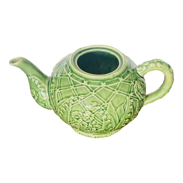 T1960s iffany & Co Portugal Green Majolica Tea Pot For Sale
