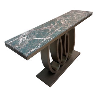 Amazonite Quartzite Top Console Table With Champagne Gold Interlocking Ring Base For Sale