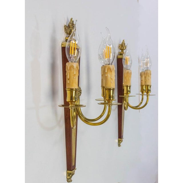 Louis XVI Triple Sconces in Brass and Iroko, 1960s, Set of 2 For Sale - Image 3 of 13