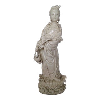 Vintage Dehua Blanc De Chine Porcelain Fish Basket Guanyin Statue For Sale