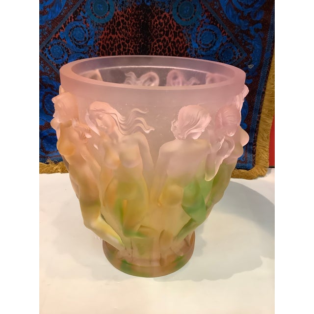 Art Deco 1950s Vintage XL Crystal Heavy Glass Art Vase, Green Pink Ombré Naked Ladies For Sale - Image 3 of 13