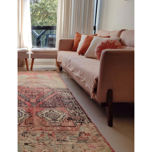 Vintage Boujad Rug | Handwoven Wool Runner with Faded Rose Medallions This vintage Boujad runner carries the quiet...